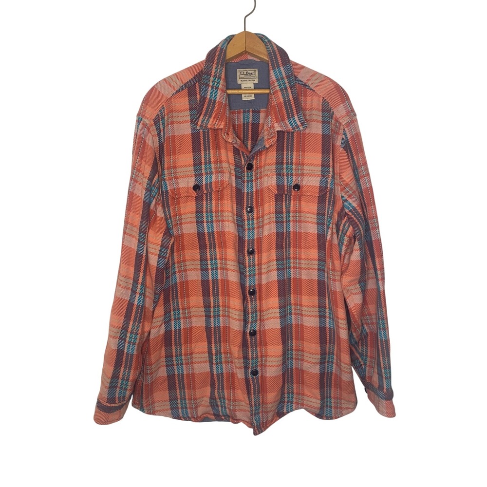 LL Bean Mens XL Flannel Shirt Orange Blue Plaid Slightly Fitted Cotton Shacket